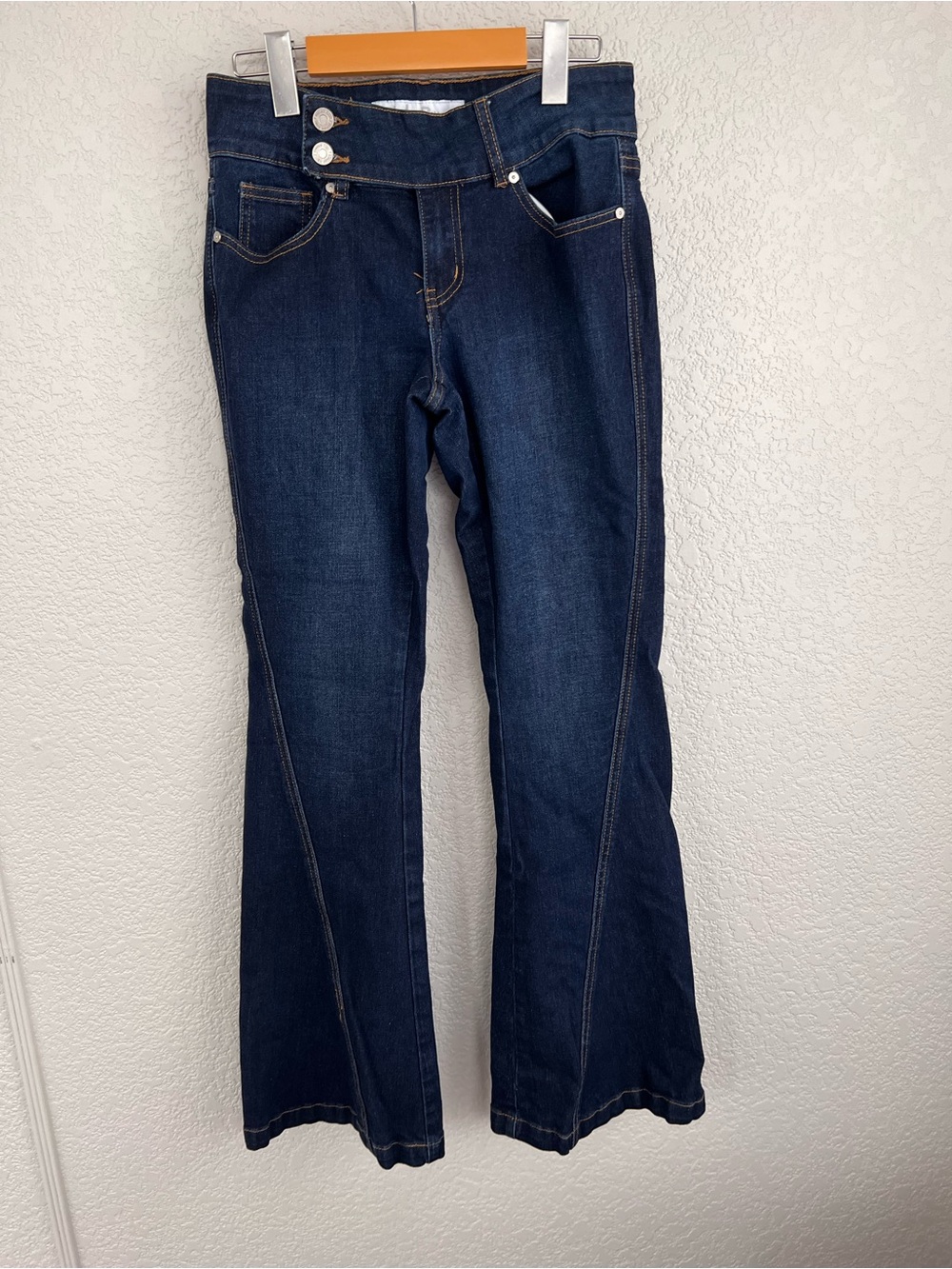 Maurices Indigo Reign Curve Dark Blue Wide Leg Jeans with Triple Button Waist